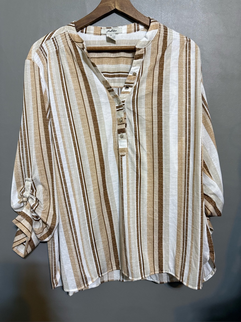 Love Potion Casual Striped Button-Front Tunic in Brown and White